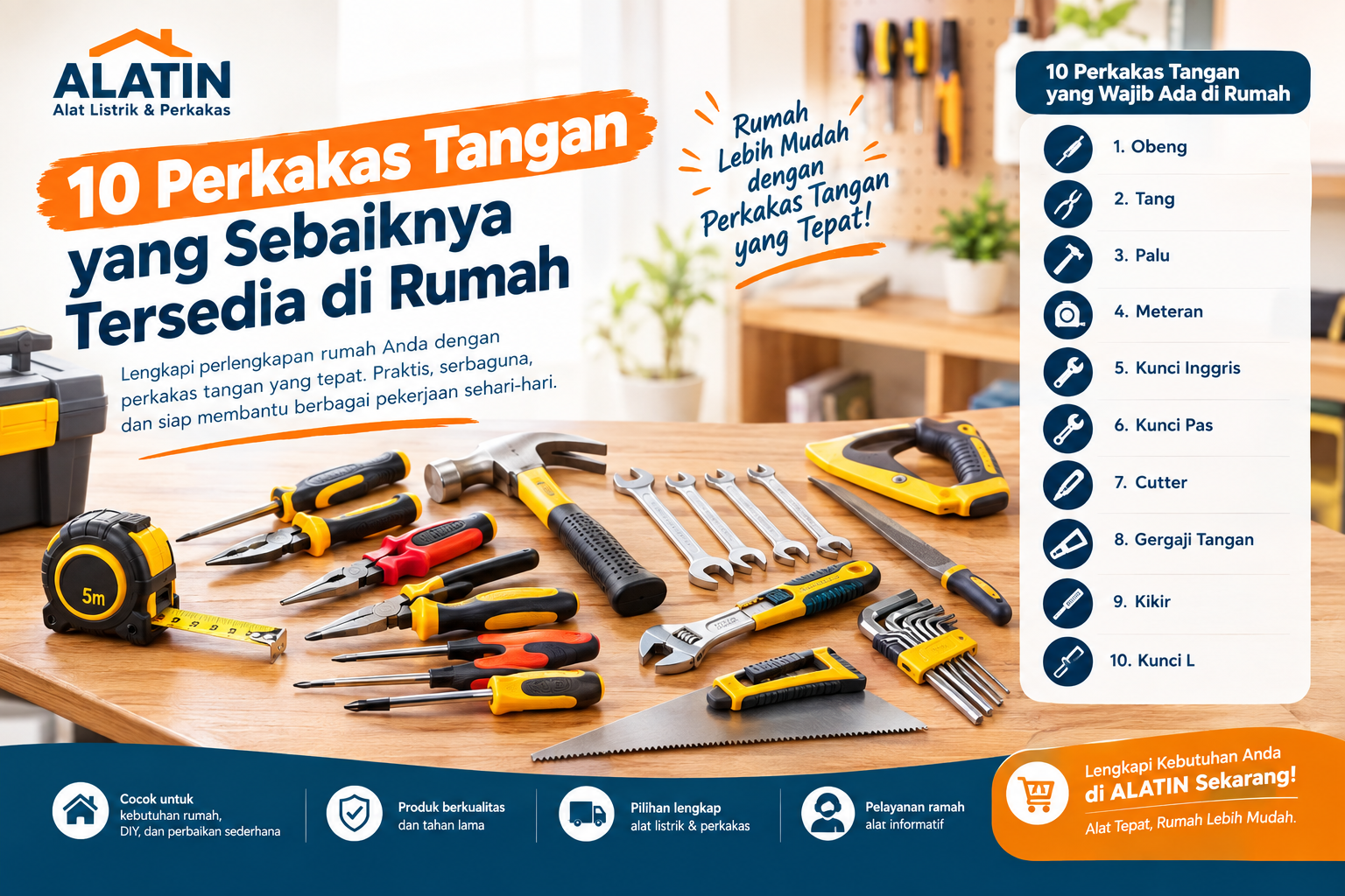 10 perkakas tangan yang sebaiknya tersedia di rumah seperti obeng, tang, palu, meteran, kunci, cutter, gergaji, kikir, dan kunci L dari ALATIN