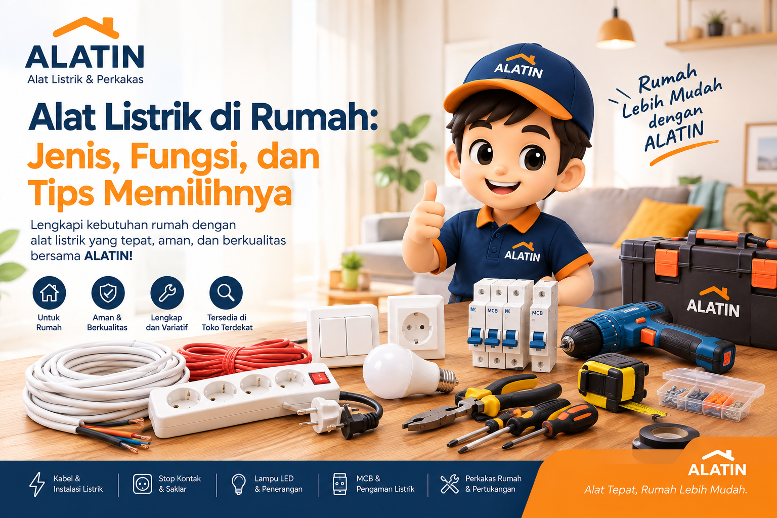 Alat listrik di rumah seperti kabel, stop kontak, saklar, lampu LED, MCB, dan perkakas rumah dari ALATIN
