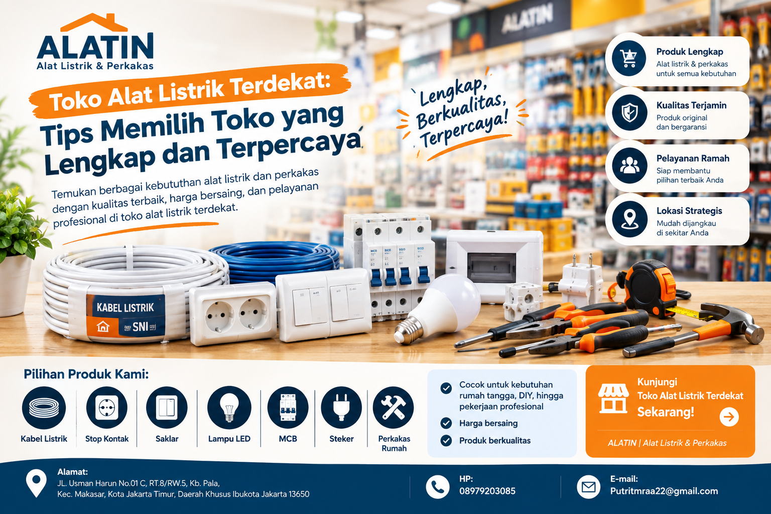 Toko alat listrik terdekat ALATIN menyediakan kabel listrik, stop kontak, saklar, lampu LED, MCB, steker, dan perkakas rumah