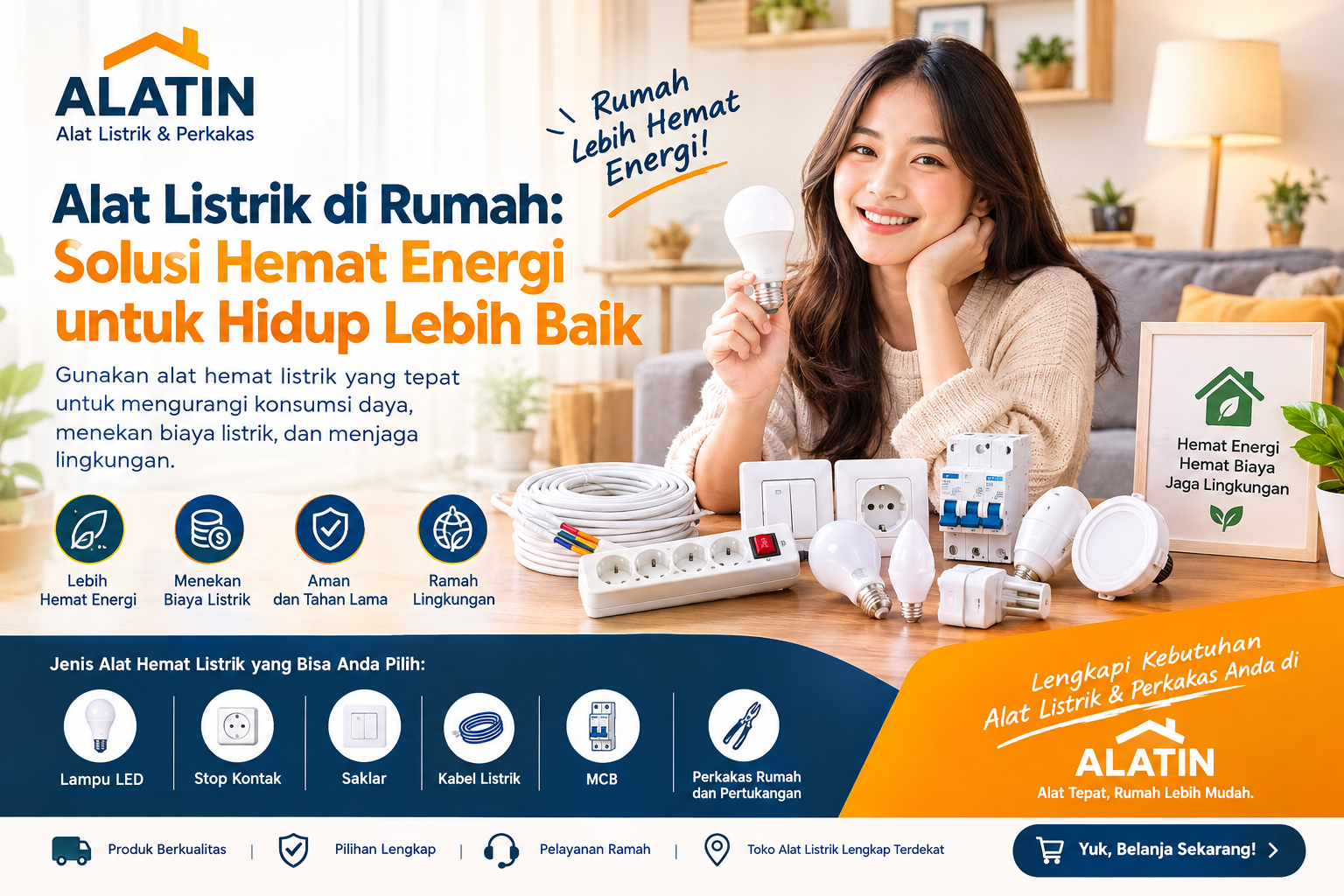 Alat hemat listrik untuk rumah seperti lampu LED, stop kontak, saklar, kabel listrik, dan MCB dari ALATIN